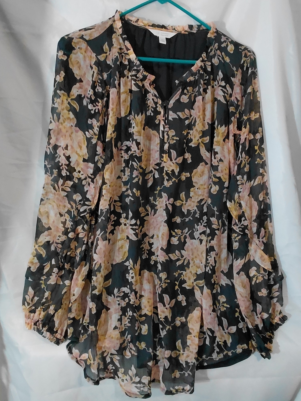LC Lauren Conrad Black Floral Blouse with Pink & Cream Blooms - Picture 2 of 15